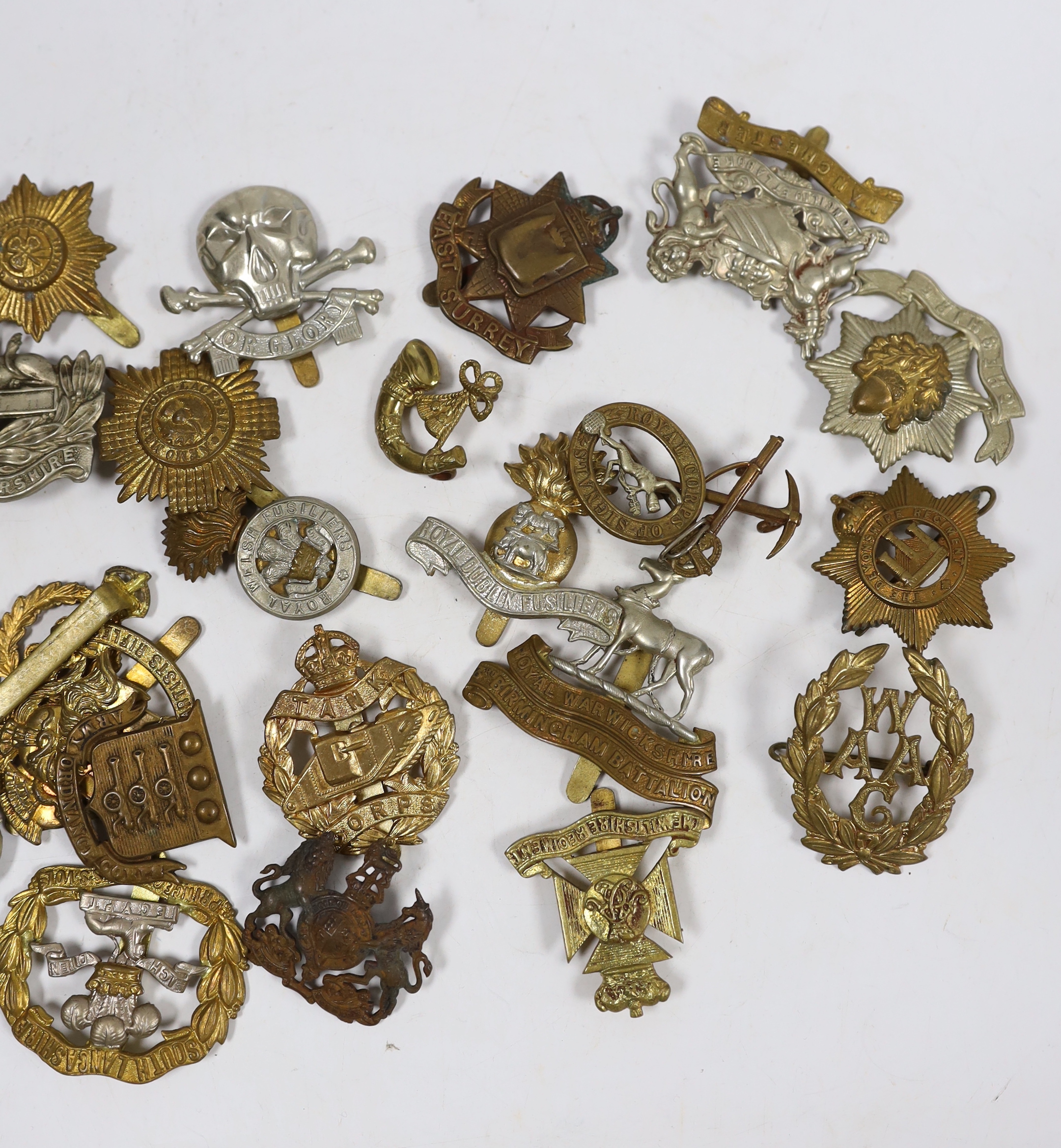 Twenty-five military cap badges including Gloucestershire Regiment, East Surrey, West Riding Volunteers, Wiltshire Regiment, Army Ordinance Corps, Worcestershire, Royal Warwickshire, Royal Dublin Fusiliers, RAMC, Royal W